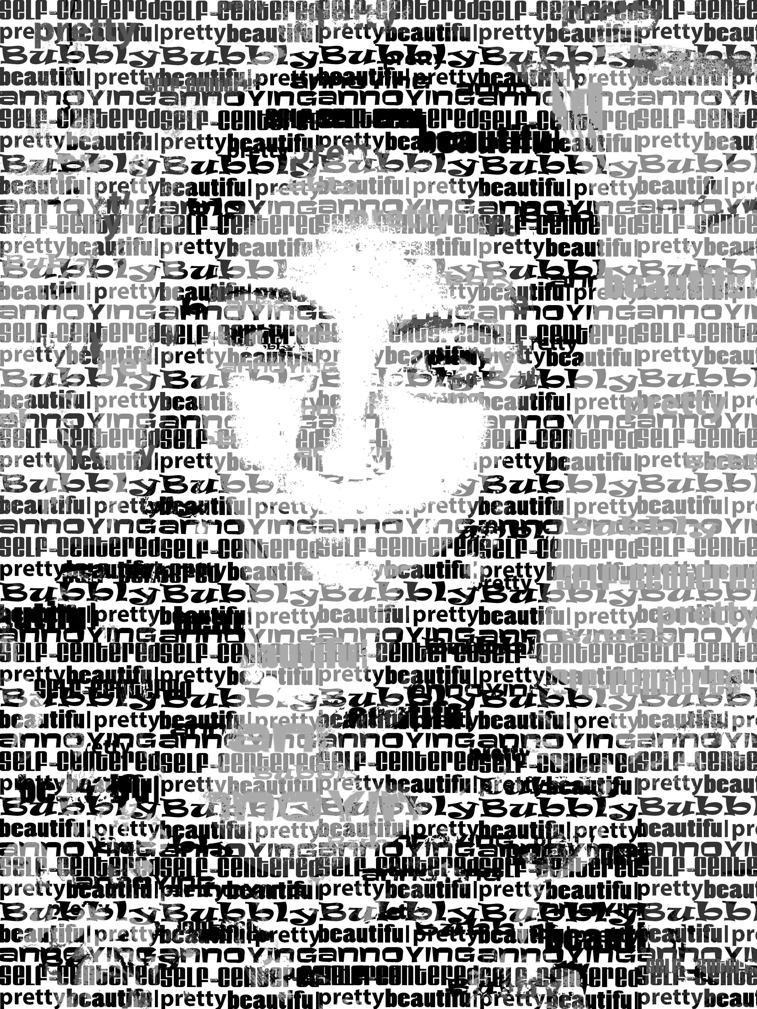 A stylized portrait of a woman with voluminous curly hair, created using a collage of words such as 'beautiful', 'pretty', 'self-centered', 'yung', and others in various fonts and sizes, mainly in black, white, and shades of gray.