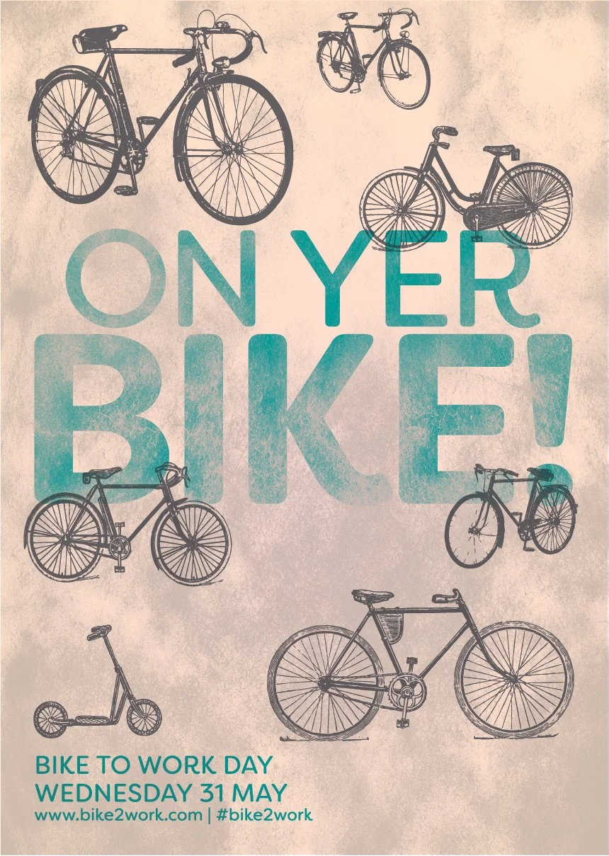 Illustration of various bicycles and a scooter with text promoting Bike to Work Day on Wednesday, May 31, and hashtags for #bike2work.