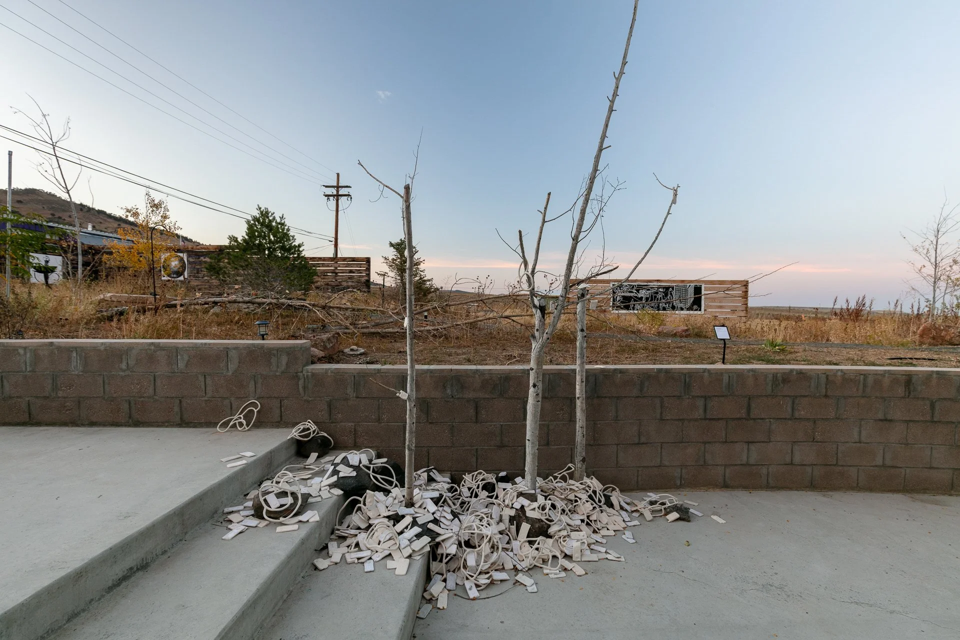 Discordant - 
Dead aspen trees, steel, rocks, ceramic casts of cell phones