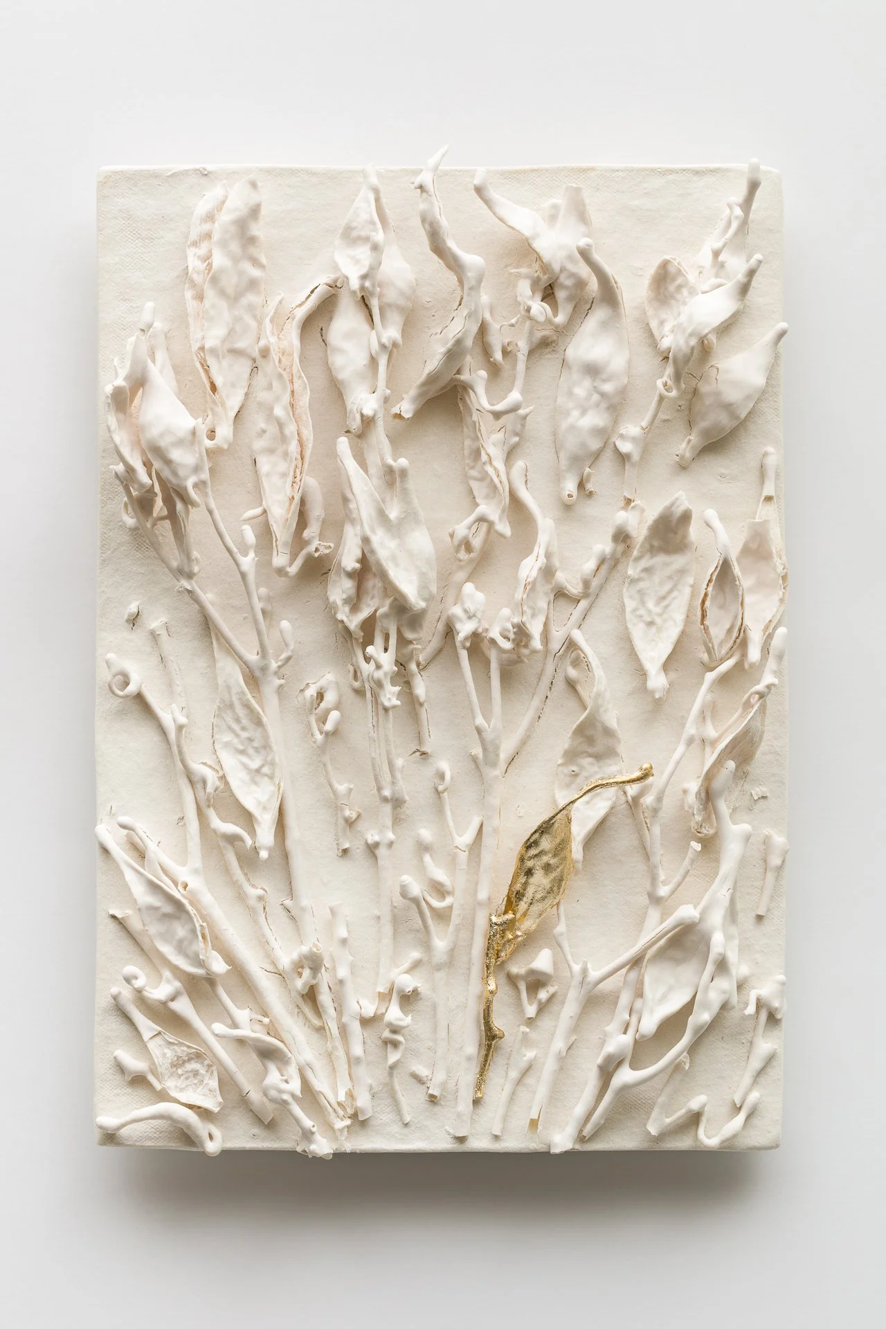 Abstract textured artwork featuring off-white and gold elements on a rectangular canvas.