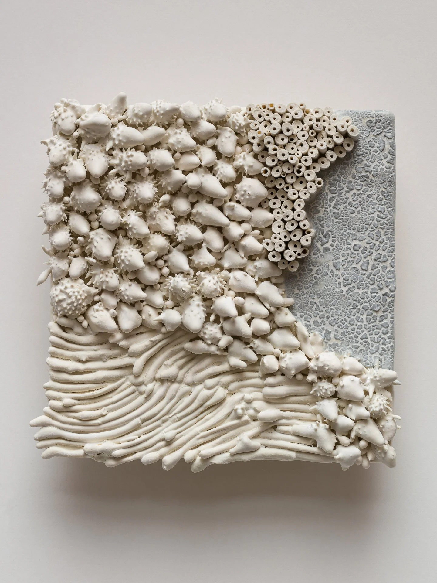 A textured white square art piece with various materials, including small shells, tiny tubes, and intricate patterns, arranged in distinct sections.