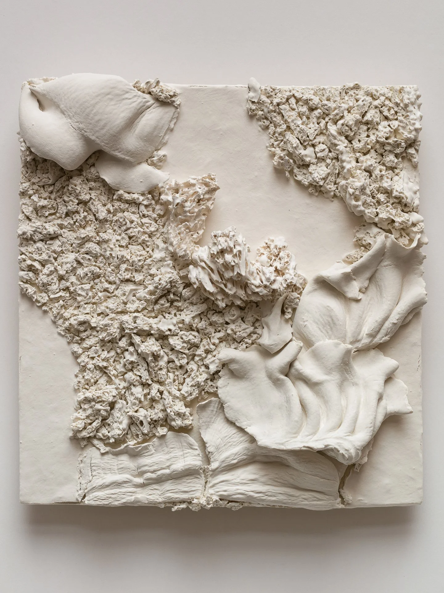 Abstract white sculpture with various textured and smooth surfaces, incorporating organic shapes.