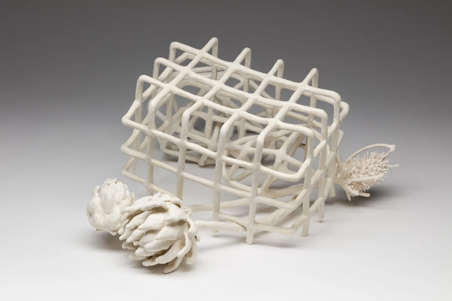 A fired porcelain paper clay sculpture consisting of a geometric grid structure with coral-like flower object and shell elements attached.