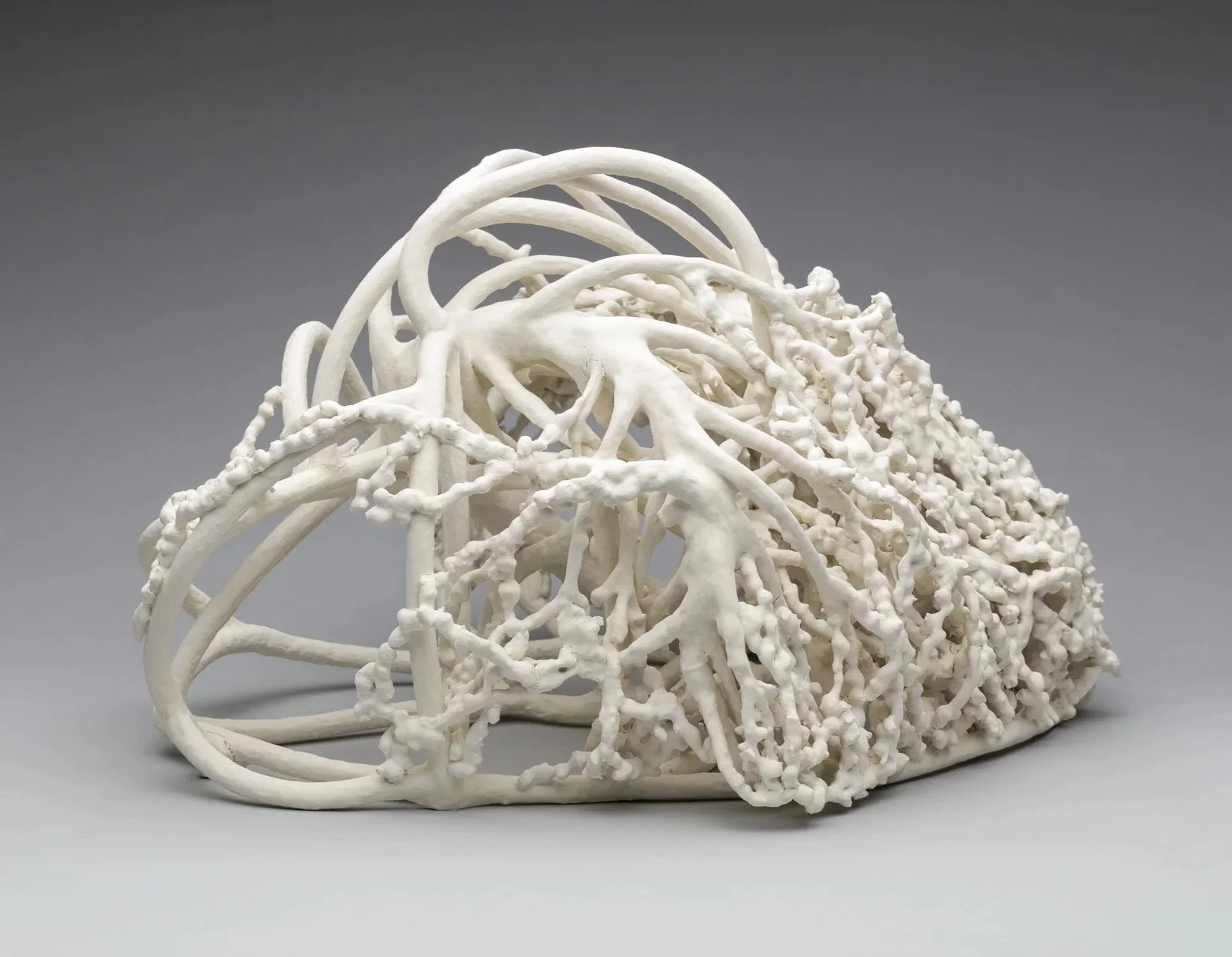 A white, porcelain, ceramic sculpture resembling a pile of tangled, thin, elongated plant shapes with some larger, rounded, and more complex structures, set against a plain gray background.