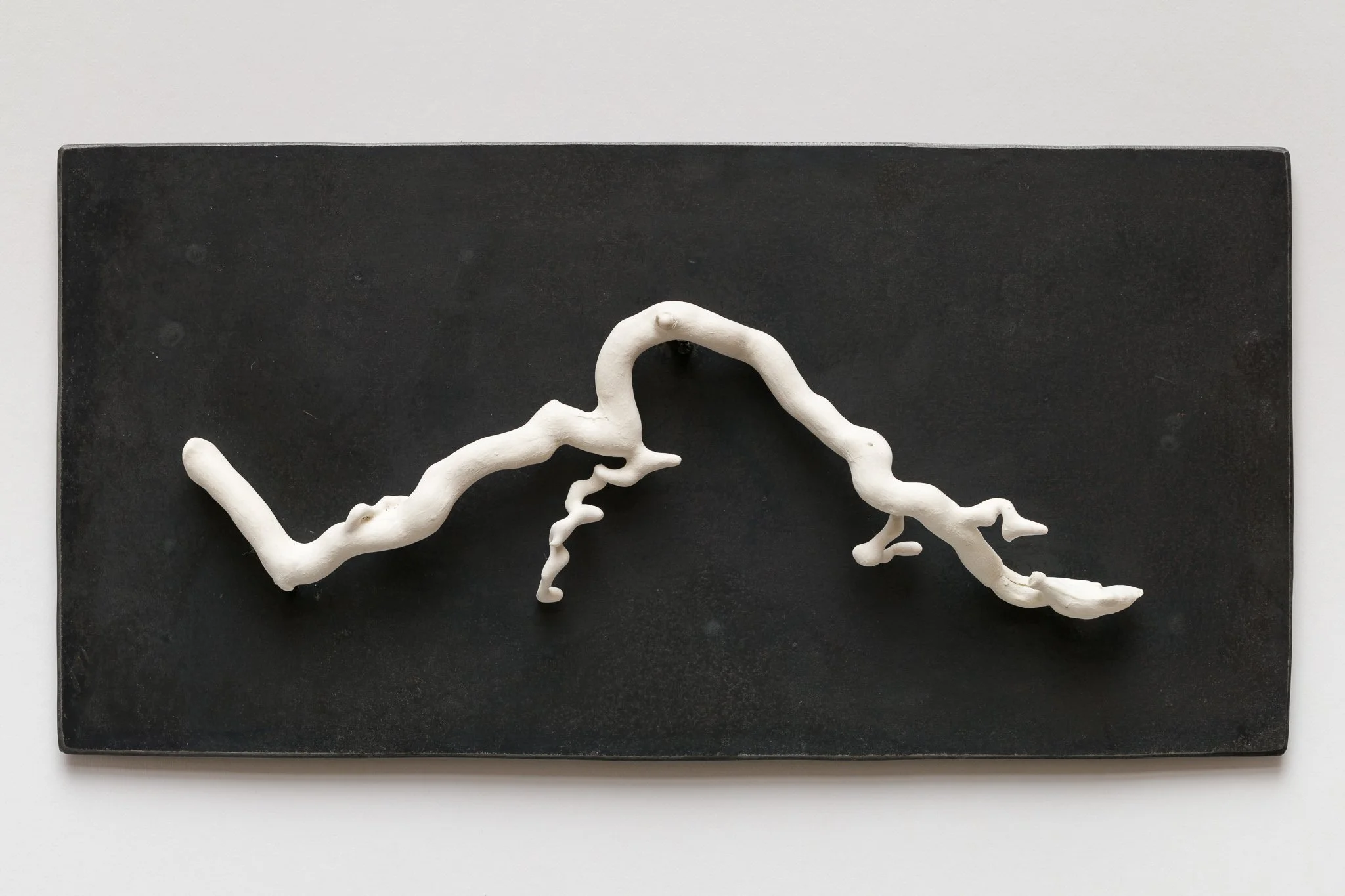 An abstract sculpture resembling a twisted, irregular white branch mounted on a black rectangular base.