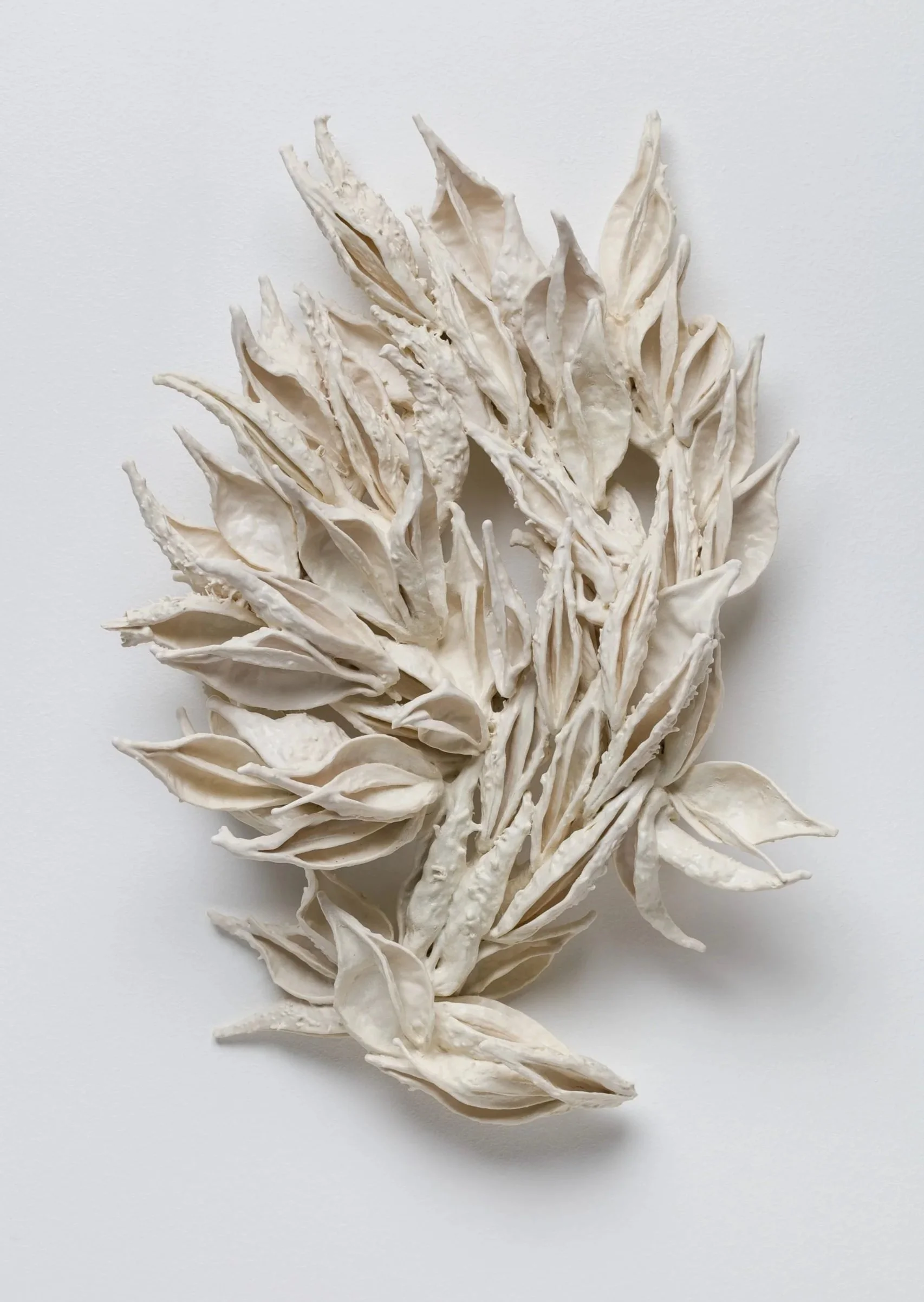 A white, porcelain, ceramic sculpture of a botanical arrangement with elongated leaves and stems on a plain white background.