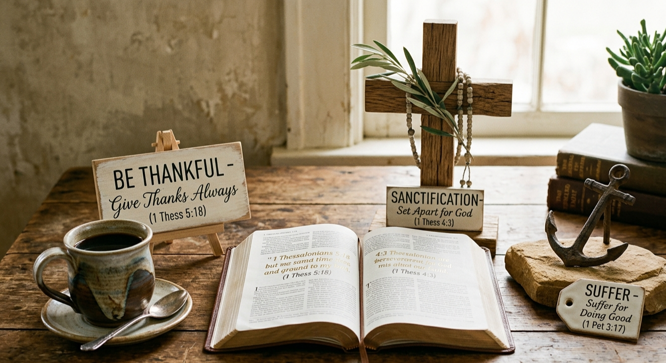 A serene tabletop study guide by Adam Lovvorn on How to Do the Will of God, featuring an open Bible (1 Thess 5:18 and 1 Thess 4:3), a wooden cross with olive branches, a coffee cup, and rustic signs about Thankfulness, Sanctification, and Suffering.