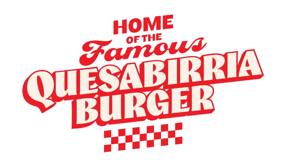 Text graphic reading "Home of the Famous Que Sabrria Burger" with a red and white checkered pattern at the bottom.
