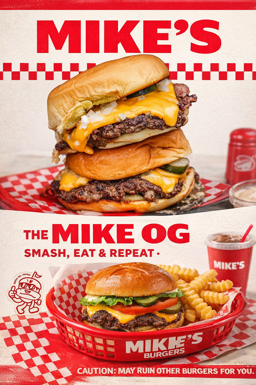 Poster featuring two large cheeseburgers with fries, soda, and branding for Mike's Burgers. The top burger has cheddar cheese, pickles, onions, and a fried chicken fillet, while the bottom burger has lettuce, tomato, pickles, and cheese.