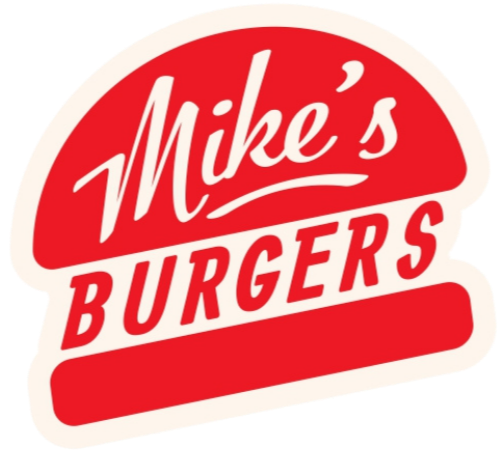 Logo for Mike's Burgers with red and white text on a red and white background