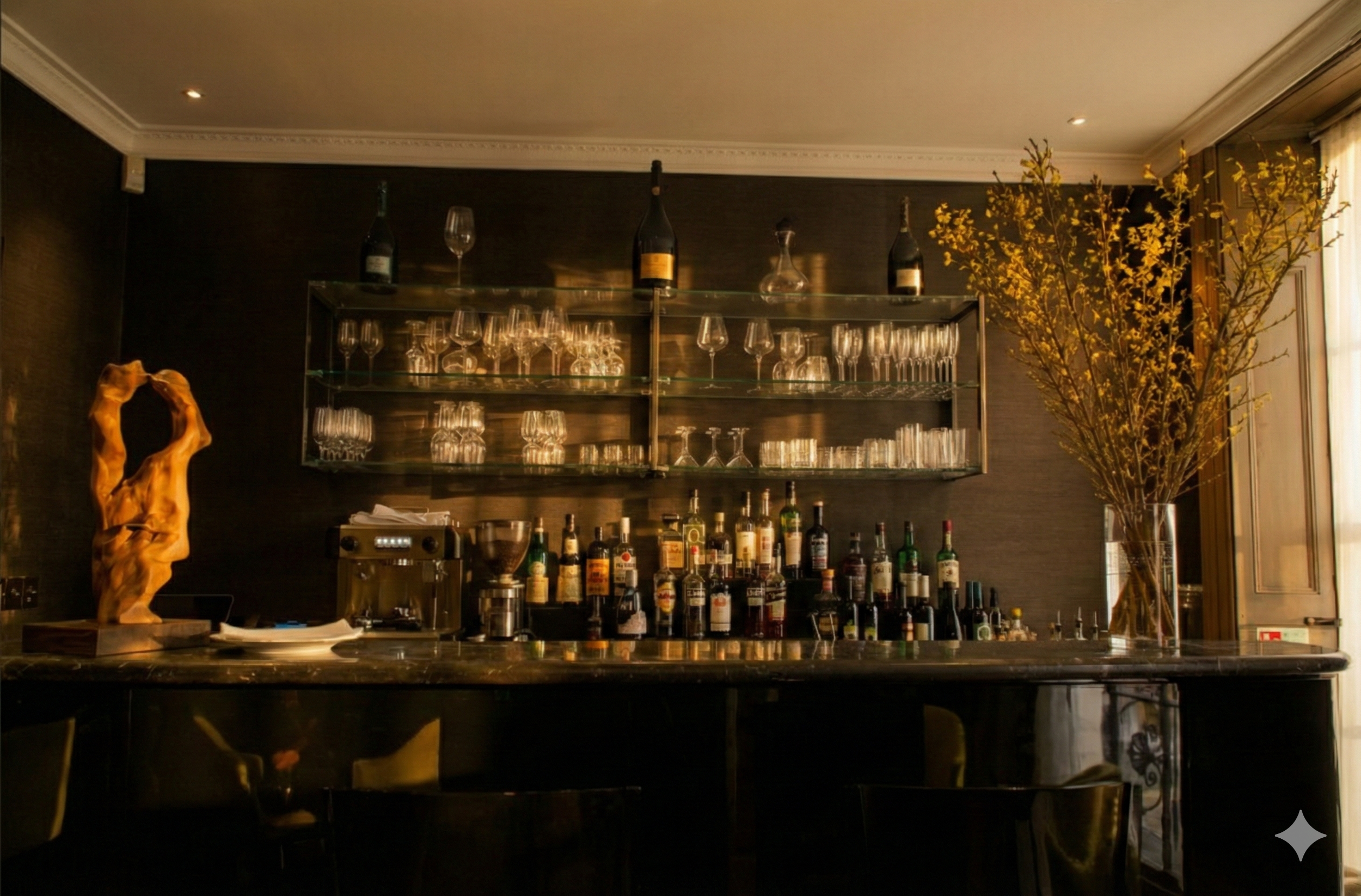 Stylish bar with glassware, bottles of alcohol, a coffee machine, decorative sculpture, and a large floral arrangement in a glass vase.