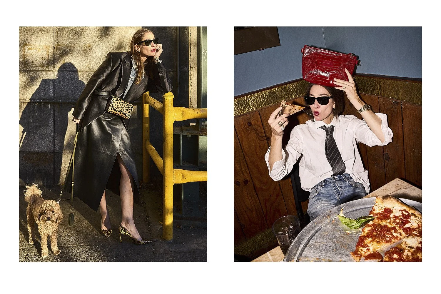Two women in different settings, one outdoors with a dog, dressed fashionably with sunglasses, and one indoors enjoying pizza with a red clutch and black sunglasses.