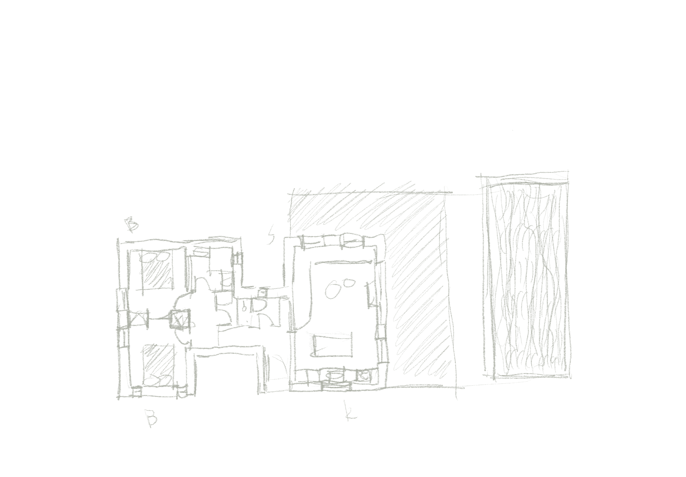 A hand-drawn architectural floor plan with rooms and measurements on a black background.