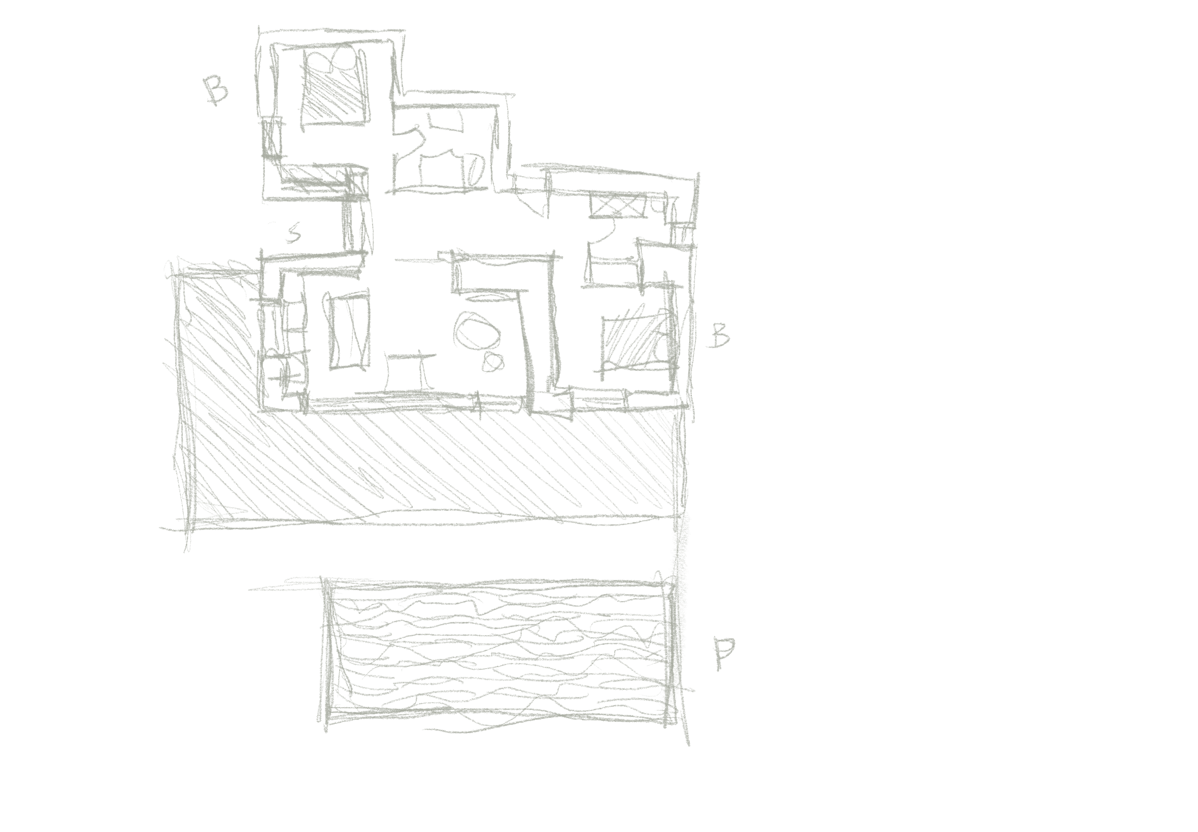 Sketch of a house floor plan with labeled sections B, S, and P on a black background.