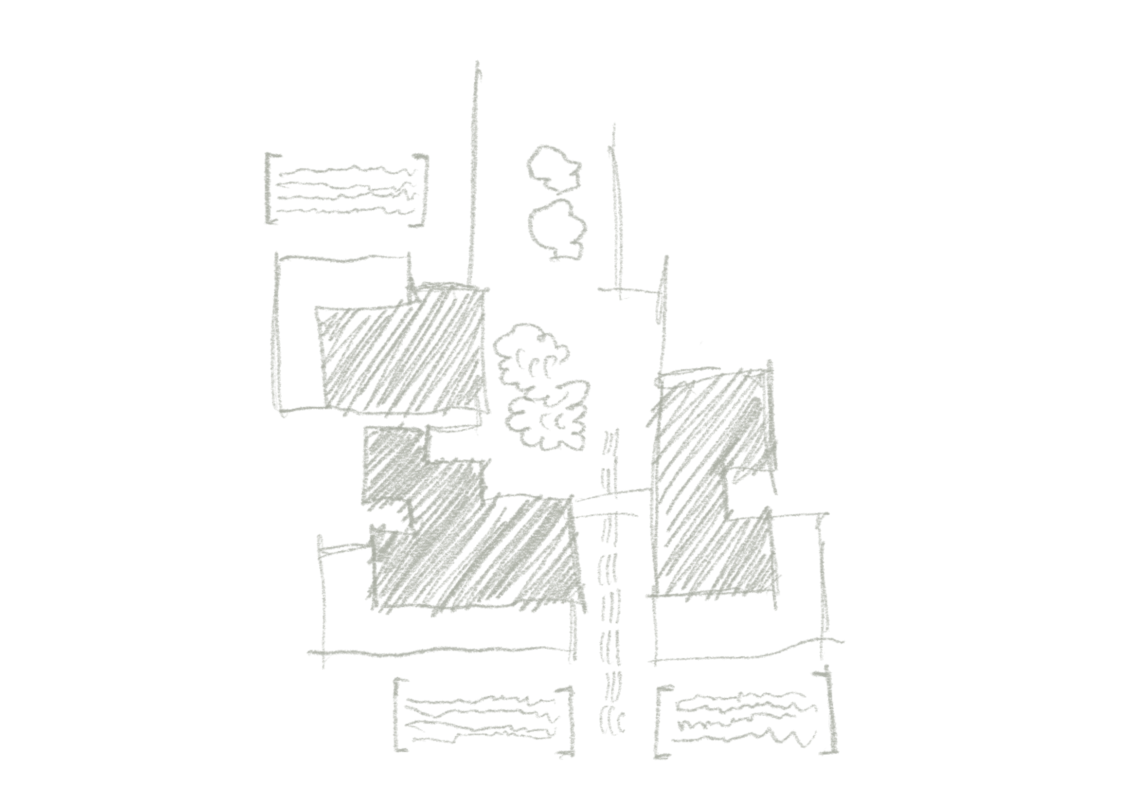 A hand-drawn architectural sketch of a building layout with rooms, stairs, and outdoor areas, including trees and pathways.