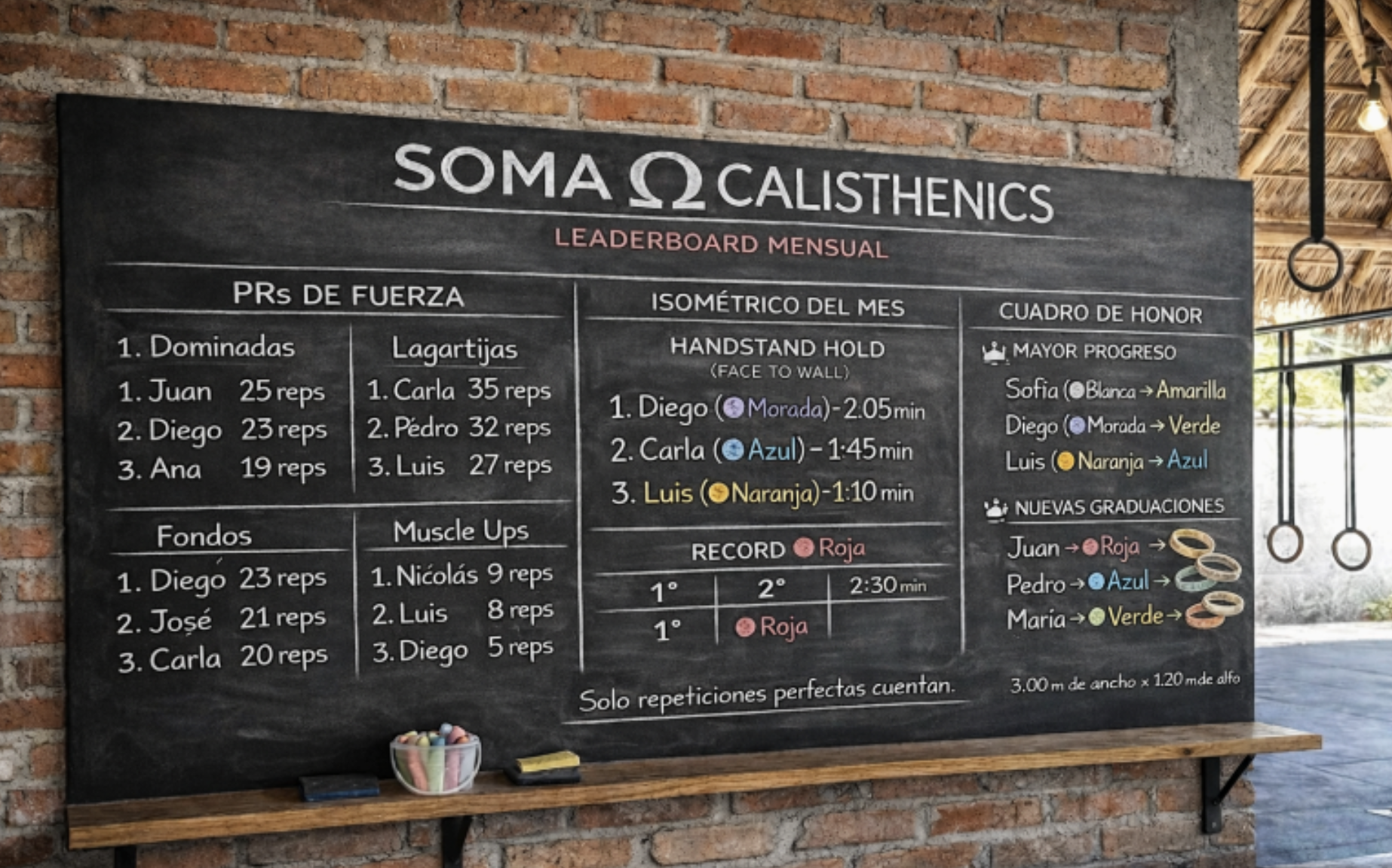 Pizarra con tablero de liderazgo mensual de un gimnasio de calistenia, que muestra categorías de fuerza, isométricos, record, cuadro de honor y nuevas graduaciones, con nombres, repeticiones y tiempos.