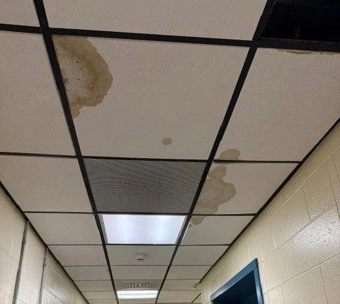 Water leaks and damage are a persistent problem, often caused by leaking water and sewer pipes or condensation from HVAC units, causing ceiling tiles to collapse and require frequent replacement. The leaks impact employee workspaces and risk damage t