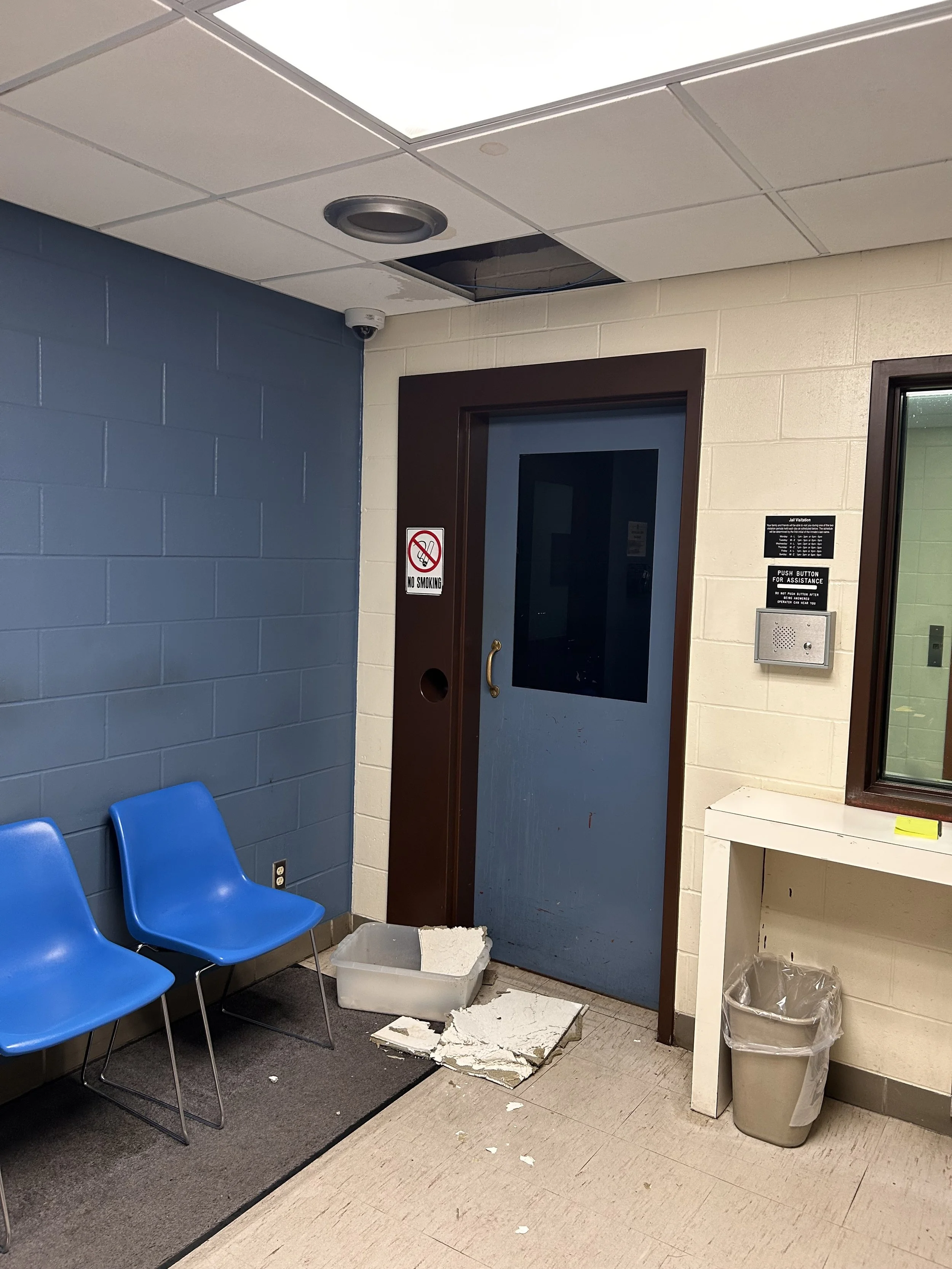 A ceiling tile collapsed in the jail's public waiting area.