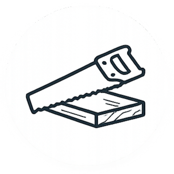 Illustration of a hand saw cutting a wooden block.