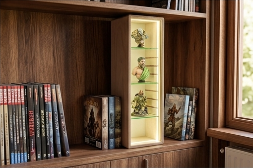 Wooden bookshelf with a glass display case containing collectibles, surrounded by books, next to a window.