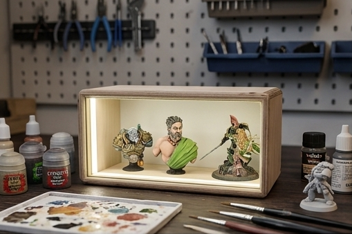Miniature figurines of a soldier, a bearded man, and a samurai on display inside a light box, with art supplies and paints on a workbench.