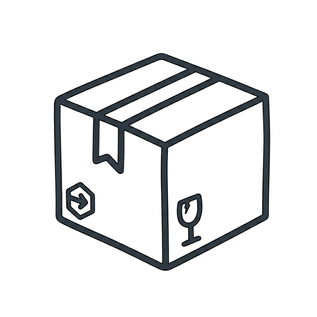 Line drawing of a cardboard box with shipping labels, a fragile symbol, and an arrow pointing downward.