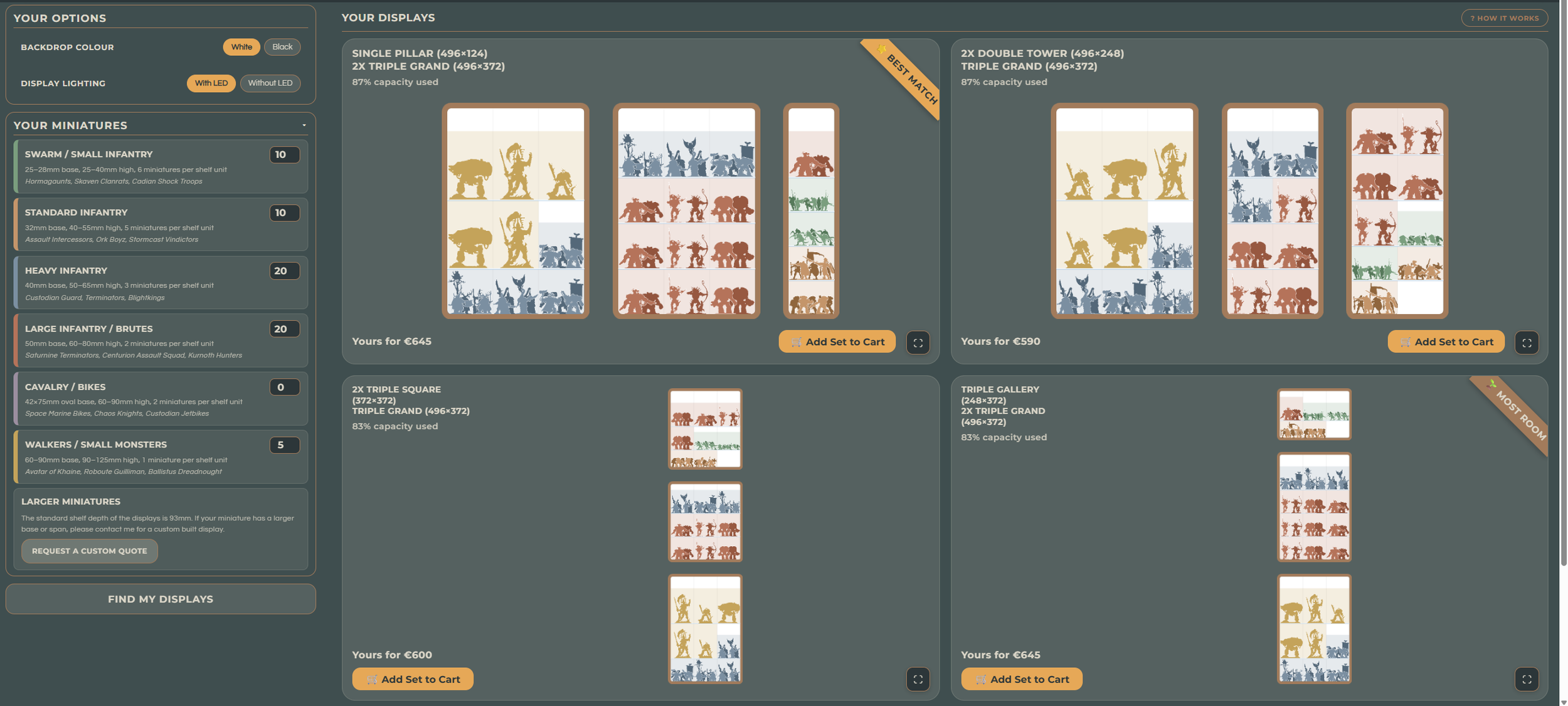 A digital display shows different options for miniature figurines and display arrangements for tabletop gaming. The interface includes options for backdrop color and lighting, and offers sets with various miniature figures arranged on multiple display pillars and towers. The display features options for single and multiple tier layouts, with estimated prices and capacity percentages for each arrangement.