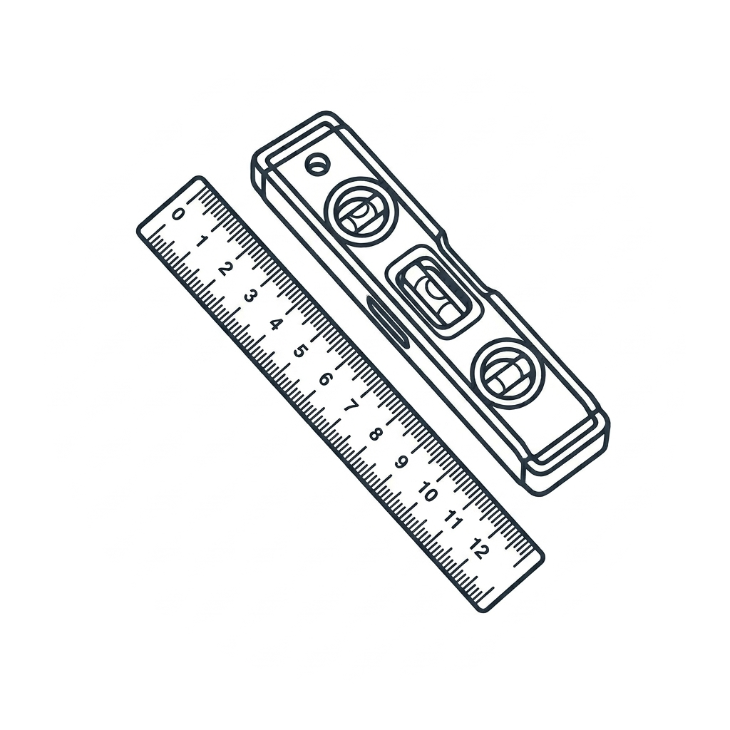 Line drawing of a spirit level and a ruler.