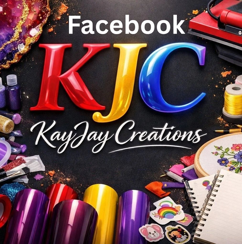 Colorful crafting supplies and tools surrounding the text 'Facebook KJC KayJay Creations' on a black background.