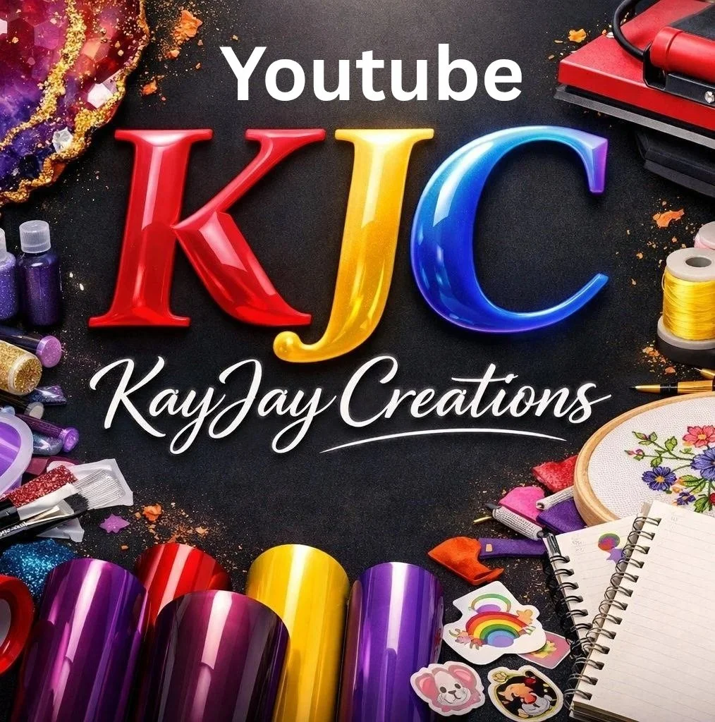 Decorative logo for 'Kay Jay Creations' with colorful craft supplies surrounding it. The supplies include spools of ribbon, paint bottles, a scrapbook with floral embroidery, stickers, notebooks, and a heat press. The background is black, highlighting the vibrant colors.