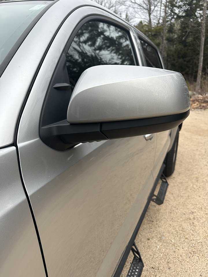 Close-up of a silver pickup truck's side mirror and front window, with a background of trees and an overcast sky.
