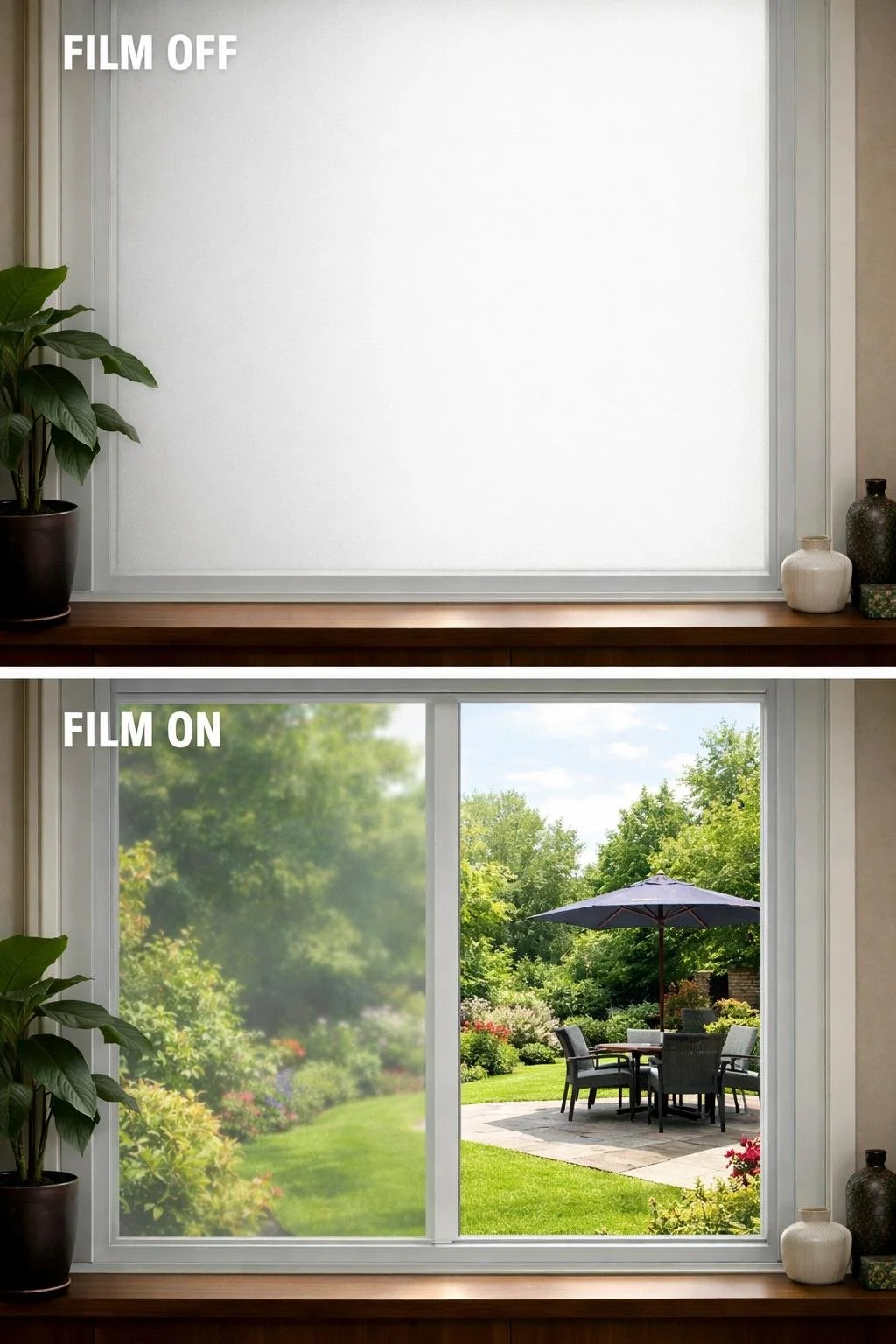Comparison of a window with the film off (blurry frosted glass) and on (clear view of outdoor garden with table, chairs, and umbrella).