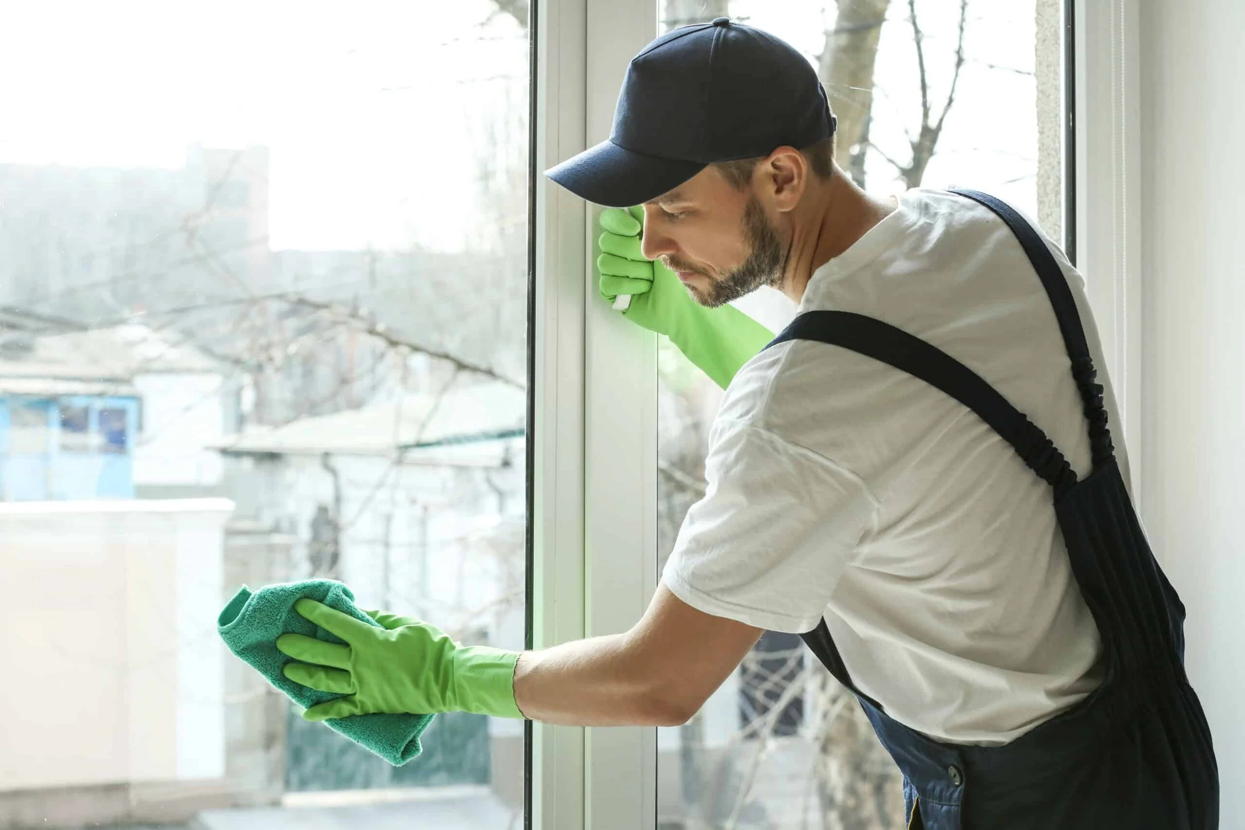 Man cleaning a window with a green cloth, wearing green gloves, a white shirt, a baseball cap, and black suspenders.