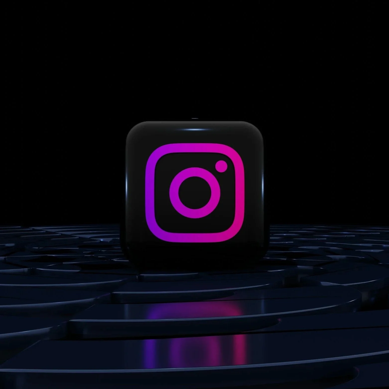 Digital illustration of the Instagram logo glowing in purple and pink, centered on a black background with a reflective surface.