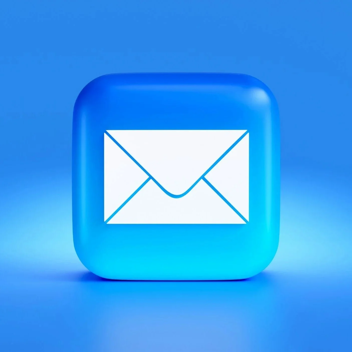 Icon of an envelope representing email, displayed on a blue, rounded square background.