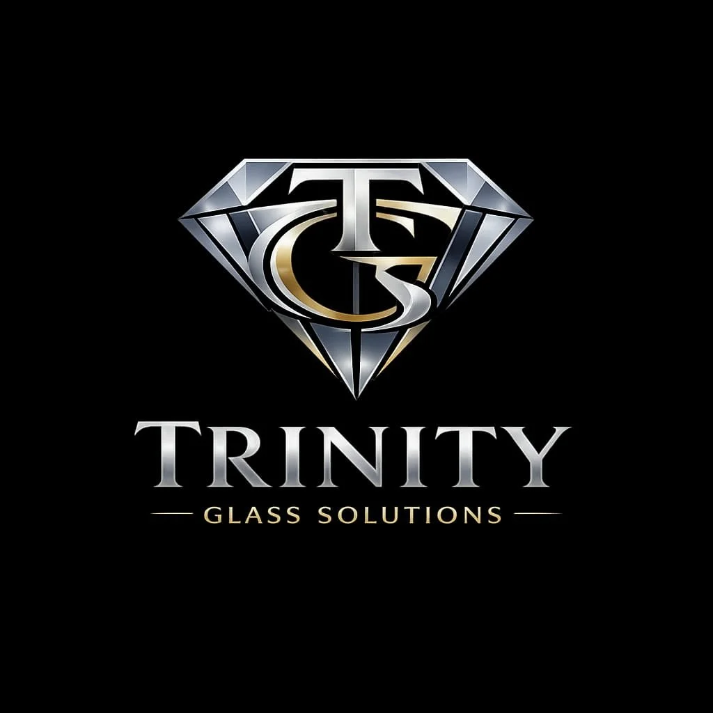 A logo for Trinity Glass Solutions featuring a diamond-shaped emblem with the letters T and G, and the word 'TRINITY' in large silver font underneath, with 'Glass Solutions' in smaller gold font below.