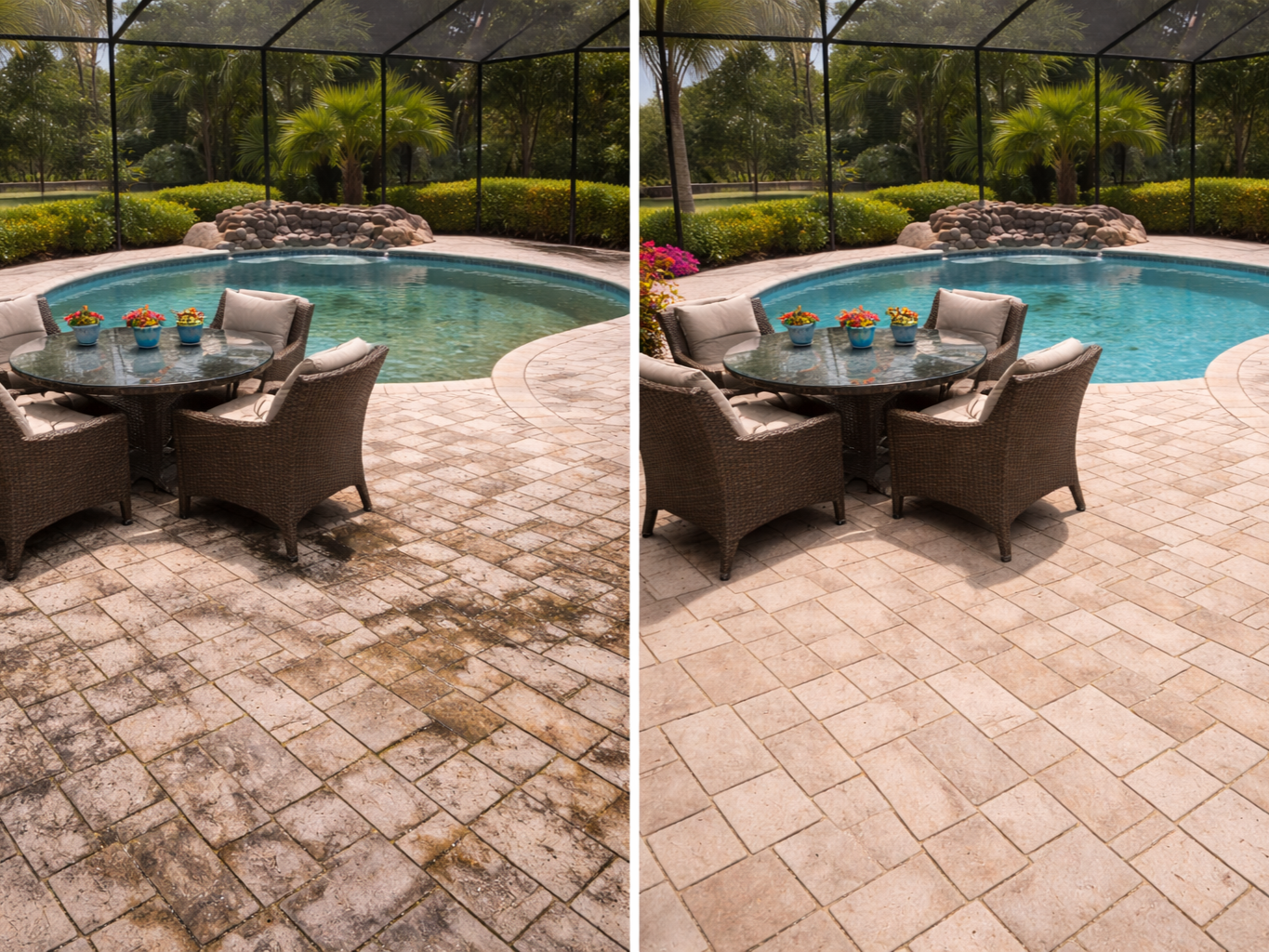 Side-by-side comparison of a backyard pool area. The left image shows dirty, stained paver stones, while the right image shows the same area cleaned and pressure washed, with bright, clean pavers.