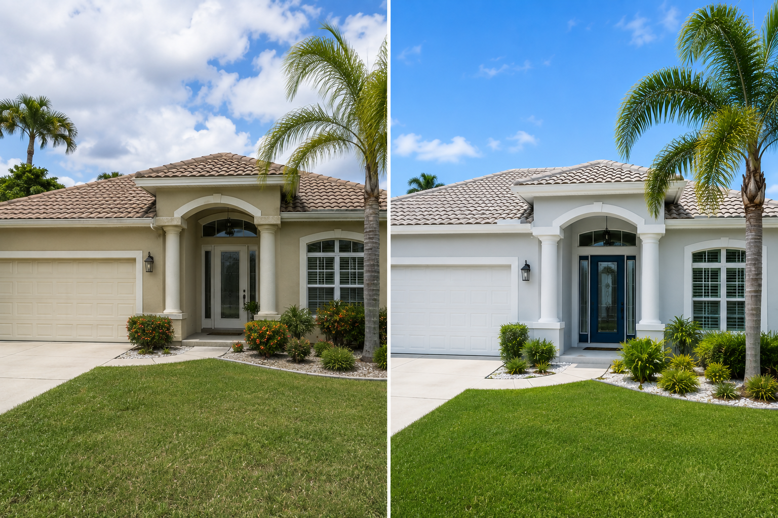Side-by-side photos of the same house, with the left showing the house in a darker, aged exterior and the right showing the house freshly painted white. Both photos have palm trees and landscaping in front, with a bright blue sky and some clouds.