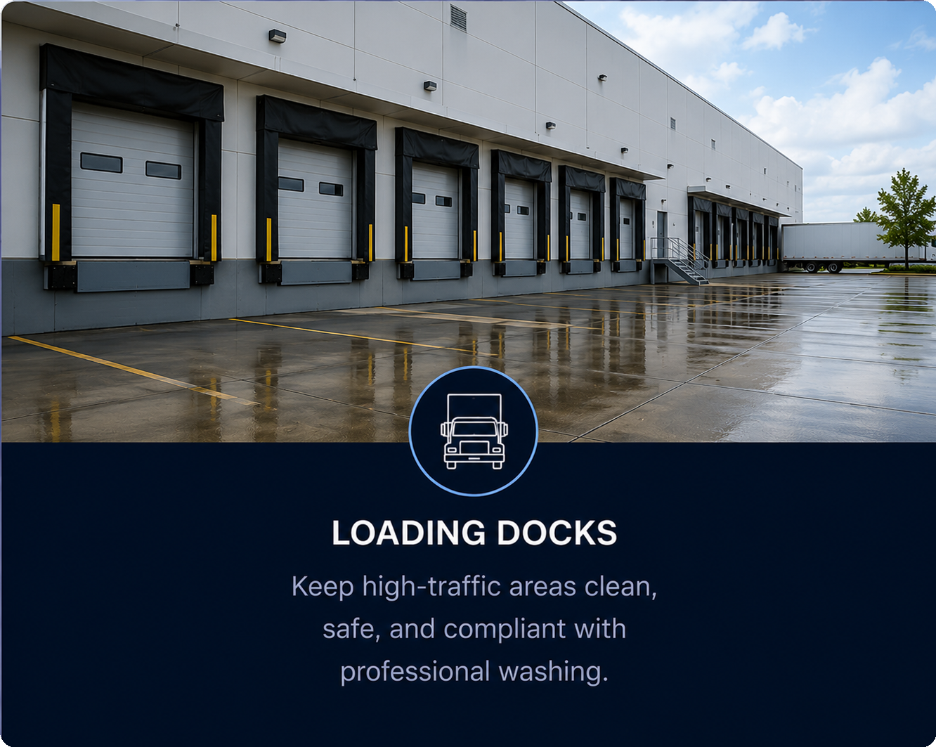 Loading docks at a warehouse with wet parking lot and a row of garage doors, some with black protective covers, and a truck trailer on the far right. There is an icon of a truck and text that reads, 'Loading Docks. Keep high-traffic areas clean, safe, and compliant with professional washing.'