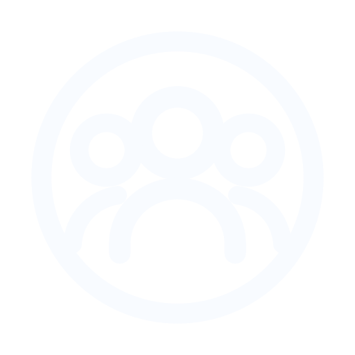 White icon of a group of four people inside a circular outline on a black background.