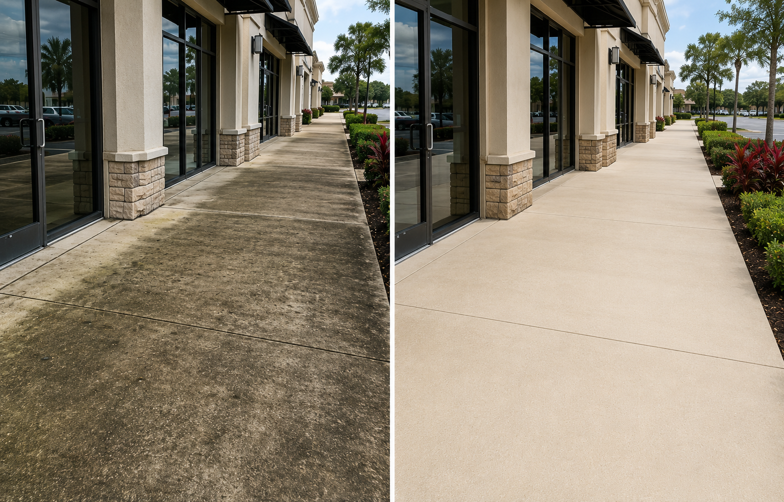 Side-by-side comparison of steps and entrance areas in front of a building, with the left showing older, weathered concrete steps and the right showing new, clean concrete steps, with landscaping and plants on either side.