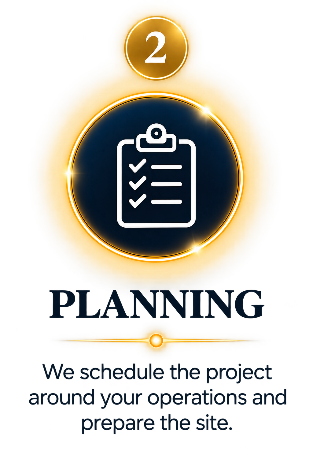 A graphic with a gold circular border featuring the word "Planning" and an icon of a clipboard with checkmarks. Includes the number 2 at the top and the text "We schedule the projects" at the bottom.