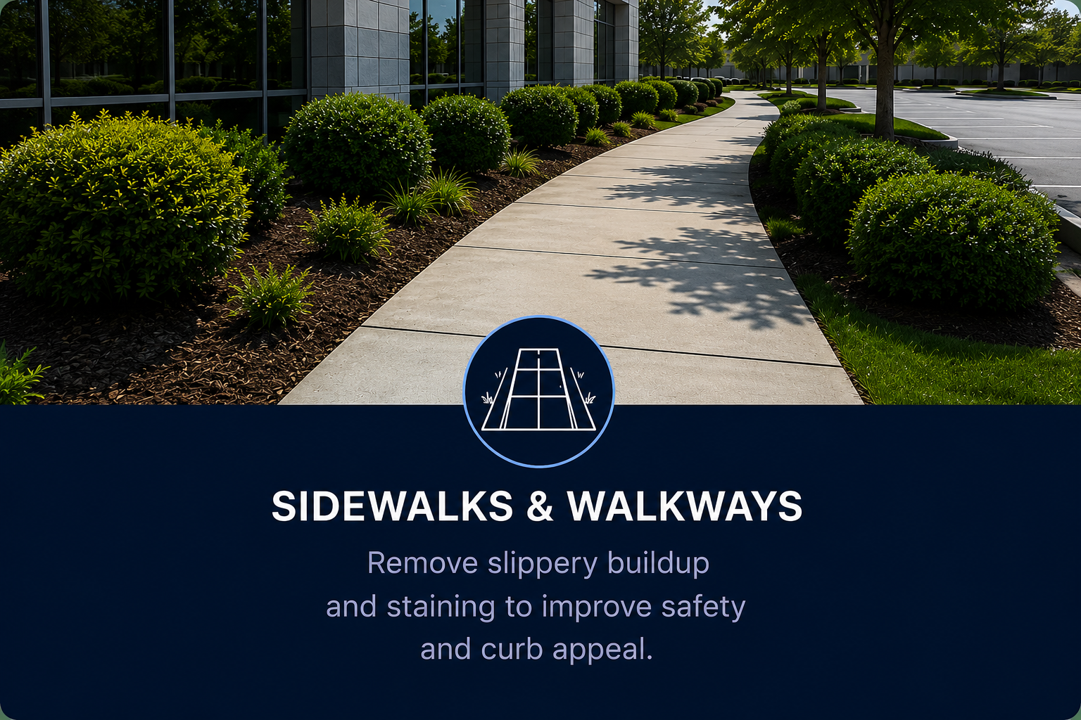 A sidewalk with landscaped bushes and trees, alongside a modern building, with a sign indicating maintenance work for walkways and curb appeal.