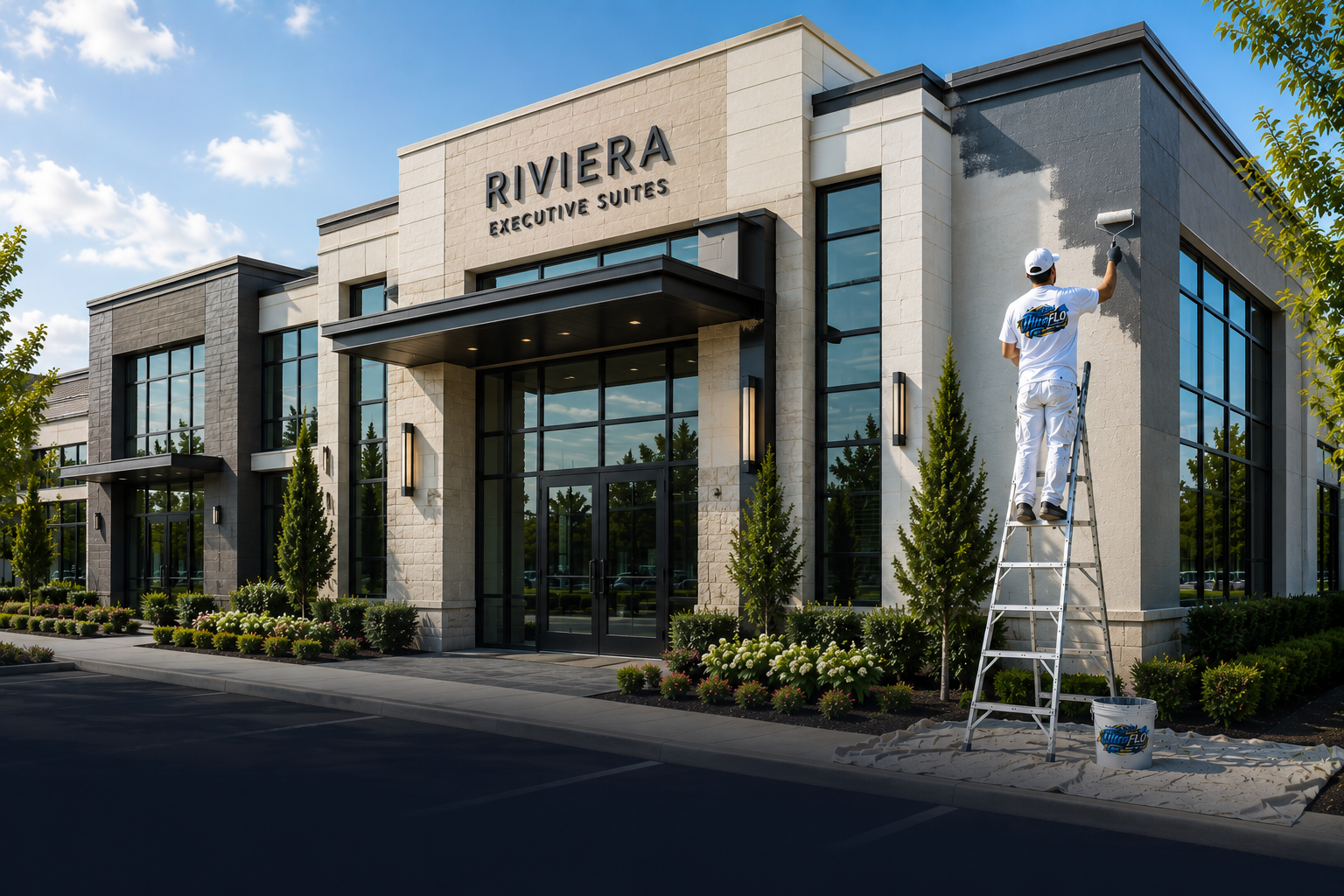 A painter standing on a ladder painting the exterior wall of the Riviera Executive Suites building during the day. The building has large glass windows, modern design, and landscaping with small trees and bushes.