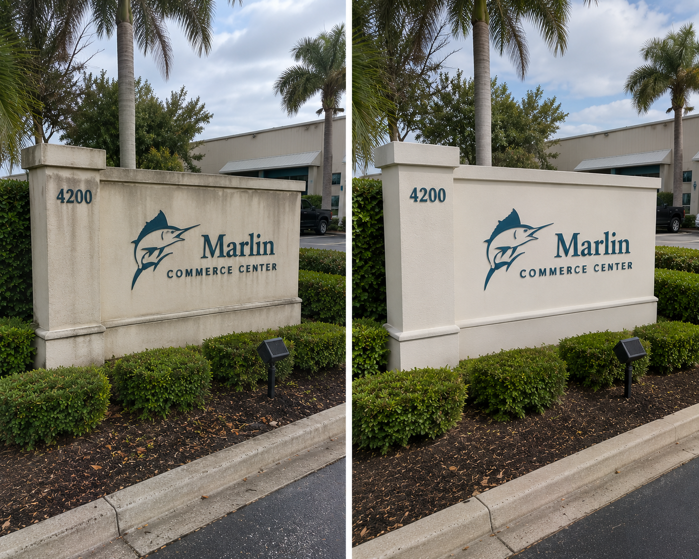 Comparison of the Marlin Commerce Center sign before and after cleaning or restoration. The sign features the address 4200, a marlin fish logo, and text. Surrounded by greenery and palm trees.