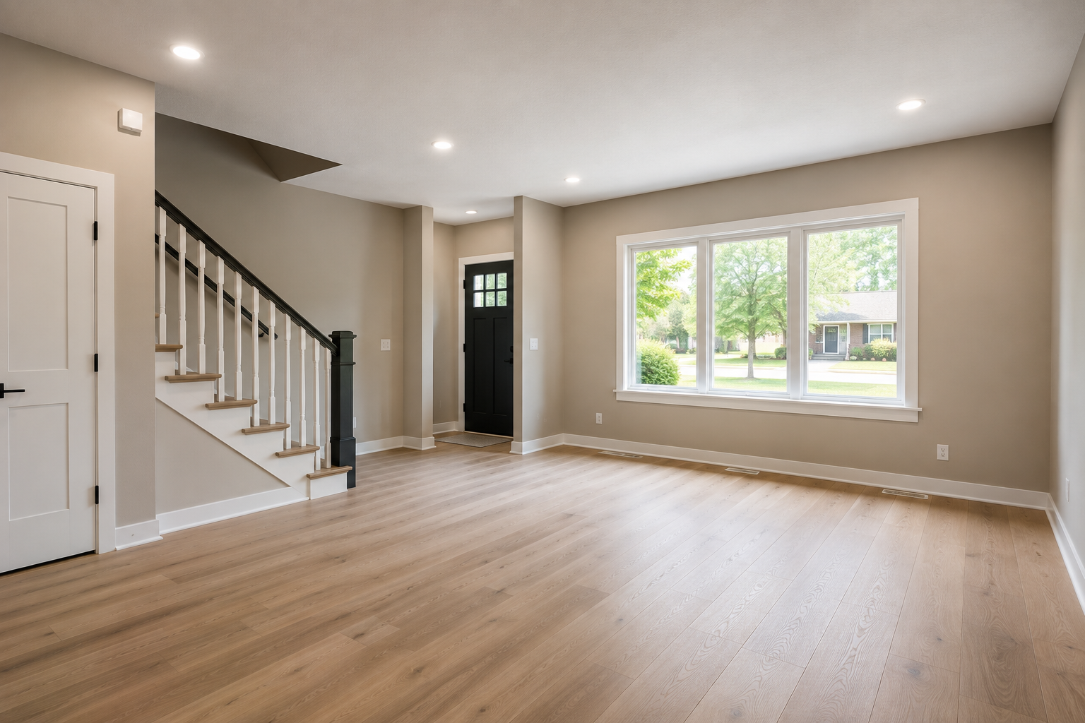 Empty living room with large window overlooking a neighborhood, light-colored wooden floors, beige walls, and a black front door.