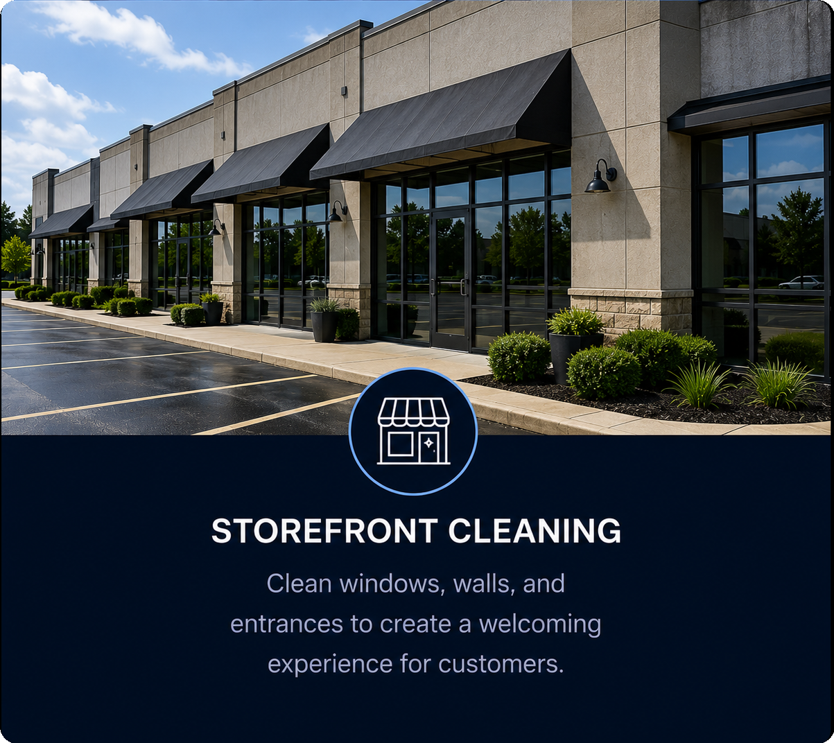 Empty storefront with large glass windows and doors, black awnings, potted plants outside, and parking lot in front. Promotional graphic for storefront cleaning services, including a store icon, with text about cleaning windows, walls, and entrances to create a welcoming customer experience.