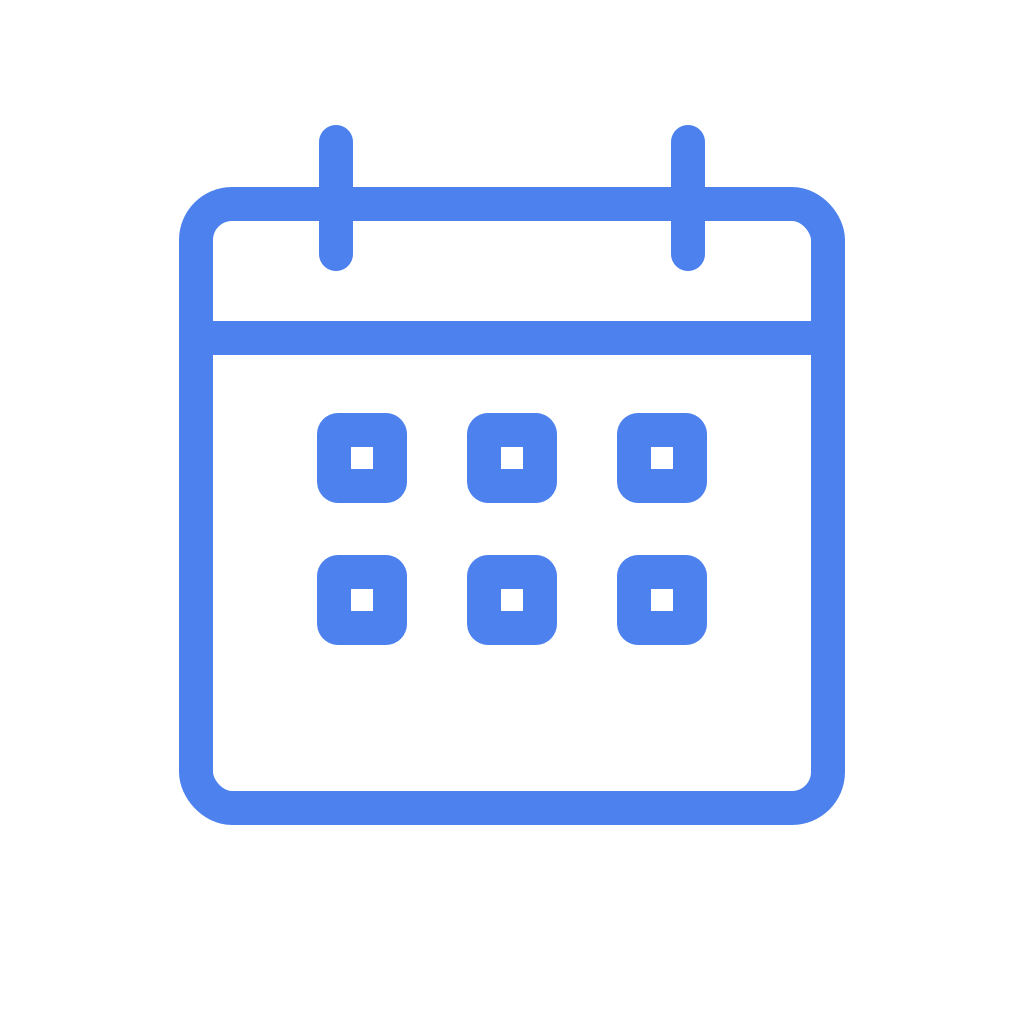Blue calendar icon with six squares representing dates on a black background.