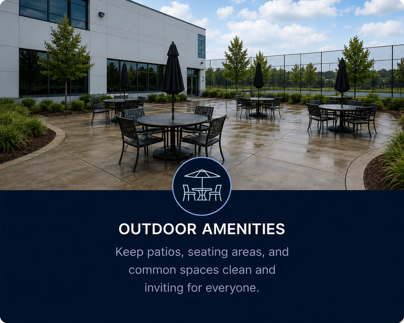Outdoor patio with tables, chairs, and umbrellas, wet from recent rain, located near a modern building with large windows and a tennis court in the background, with a dark blue overlay showing a white icon of a table with an umbrella and text promoting outdoor amenities.