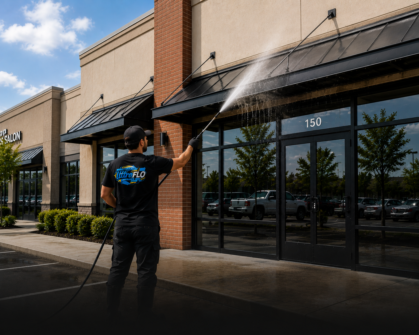 A person in a black uniform using a pressure washer to clean the windows of a commercial building parking lot.